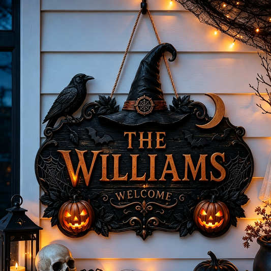 🎃🎃Personalized Halloween Welcome Sign – Custom Family Name Witch Decor🧙‍♀️