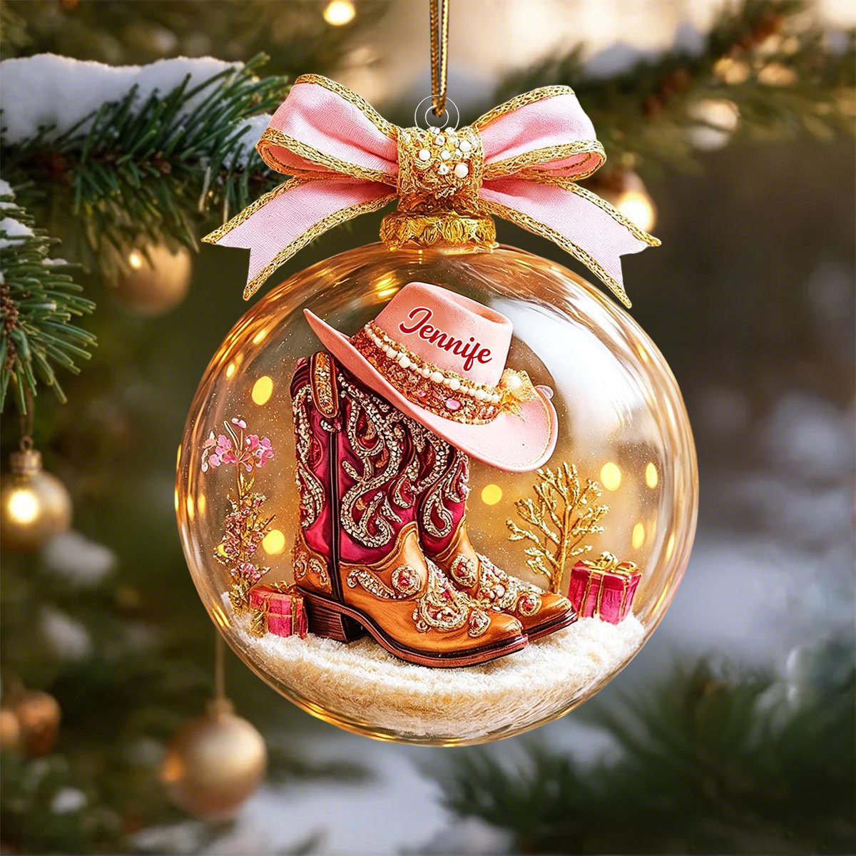 🔮Pink Cowgirl Boot Personalized Acrylic Ornaments,Custom Horse Racing Decor, Snow Ornament Xmas Decor