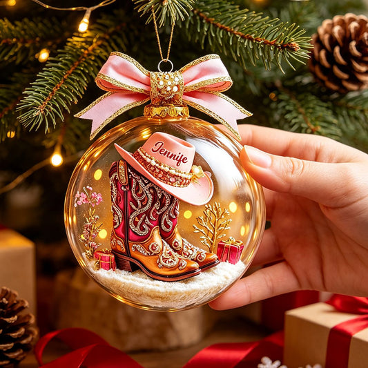 🔮🔮Pink Cowgirl Boot Personalized Acrylic Ornaments,Custom Horse Racing Decor, Snow Ornament Xmas Decor