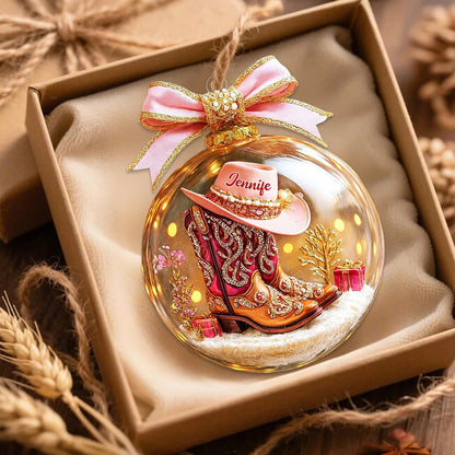 🔮Pink Cowgirl Boot Personalized Acrylic Ornaments,Custom Horse Racing Decor, Snow Ornament Xmas Decor