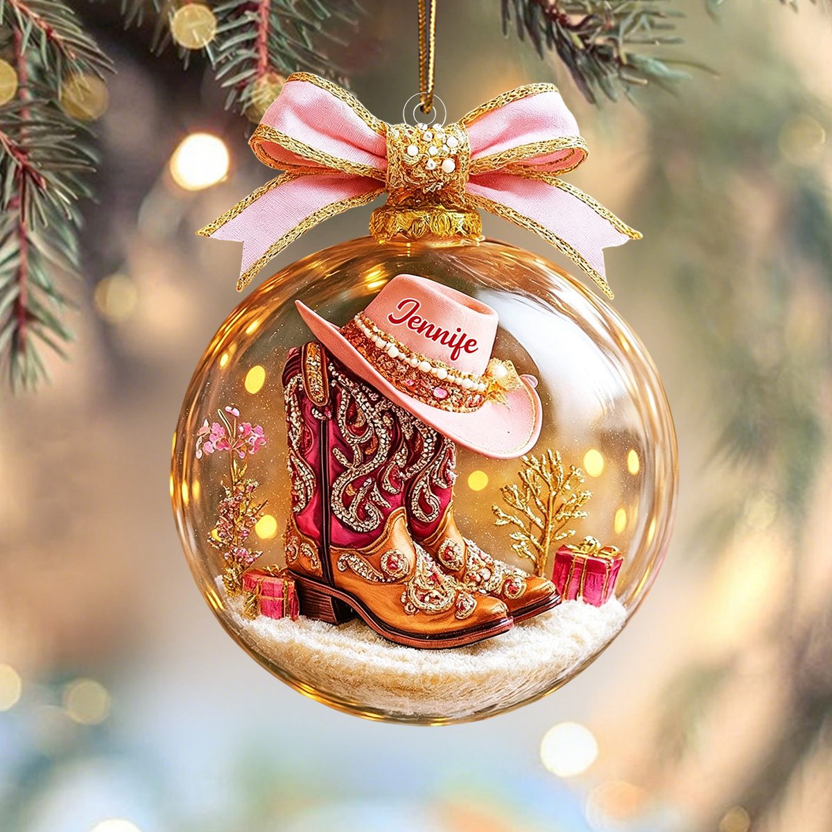 🔮Pink Cowgirl Boot Personalized Acrylic Ornaments,Custom Horse Racing Decor, Snow Ornament Xmas Decor