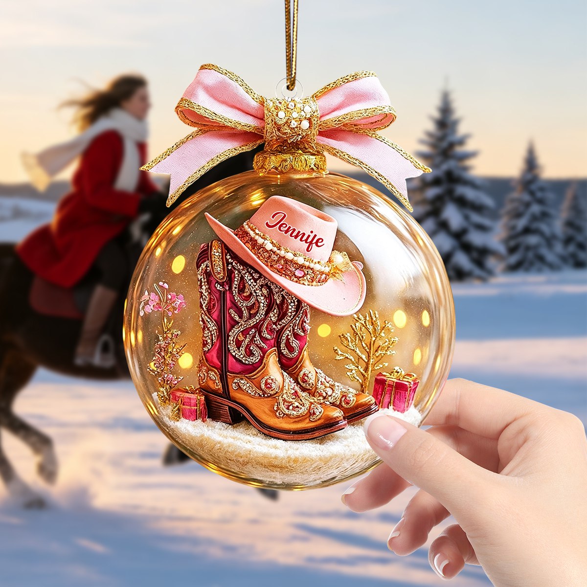 🔮Pink Cowgirl Boot Personalized Acrylic Ornaments,Custom Horse Racing Decor, Snow Ornament Xmas Decor