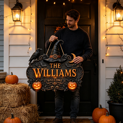 🎃🎃Personalized Halloween Welcome Sign – Custom Family Name Witch Decor🧙‍♀️