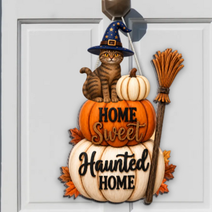 🐱🎃Home Sweet Haunted Home Cat - Personalized Wood Sign - Halloween Decor Gift, Gift For Cat Lovers