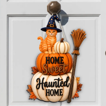🐱🎃Home Sweet Haunted Home Cat - Personalized Wood Sign - Halloween Decor Gift, Gift For Cat Lovers