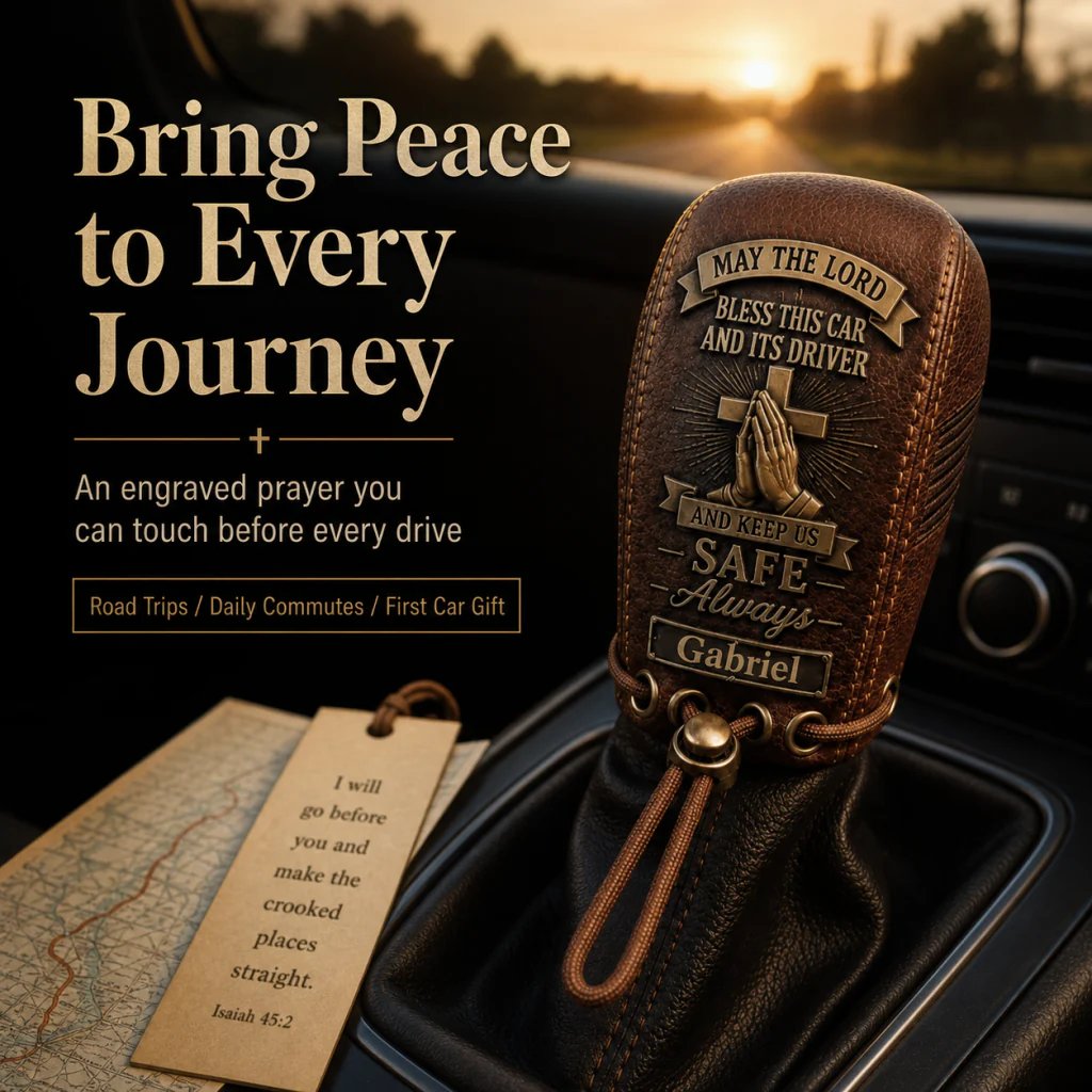 🙏🙏 The "Traveler's Blessing" Custom Leather Gear Shift Cover | Faith Behind The Wheel ✨
