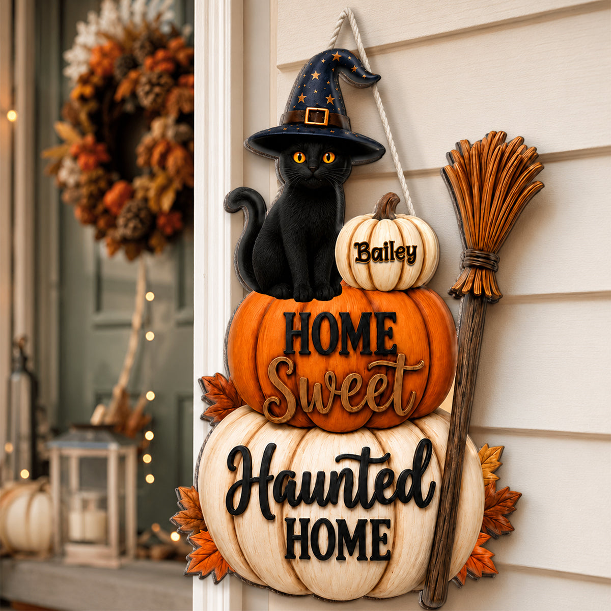 🐱🎃Home Sweet Haunted Home Cat - Personalized Wood Sign - Halloween Decor Gift, Gift For Cat Lovers