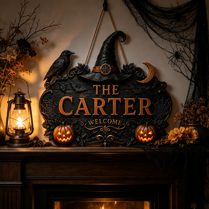 🎃🎃Personalized Halloween Welcome Sign – Custom Family Name Witch Decor🧙‍♀️