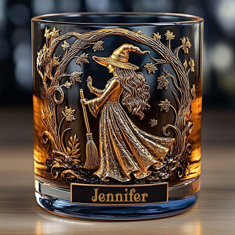 🔥Custom Witch Whiskey Glass Gold, Personalized Halloween Gift for Women, Custom Name Crystal Tumbler, Vintage Witchcraft Barware Decor
