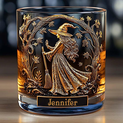 🔥Custom Witch Whiskey Glass Gold, Personalized Halloween Gift for Women, Custom Name Crystal Tumbler, Vintage Witchcraft Barware Decor