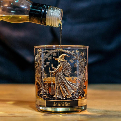 🔥Custom Witch Whiskey Glass Gold, Personalized Halloween Gift for Women, Custom Name Crystal Tumbler, Vintage Witchcraft Barware Decor