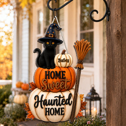 🐱🎃Home Sweet Haunted Home Cat - Personalized Wood Sign - Halloween Decor Gift, Gift For Cat Lovers