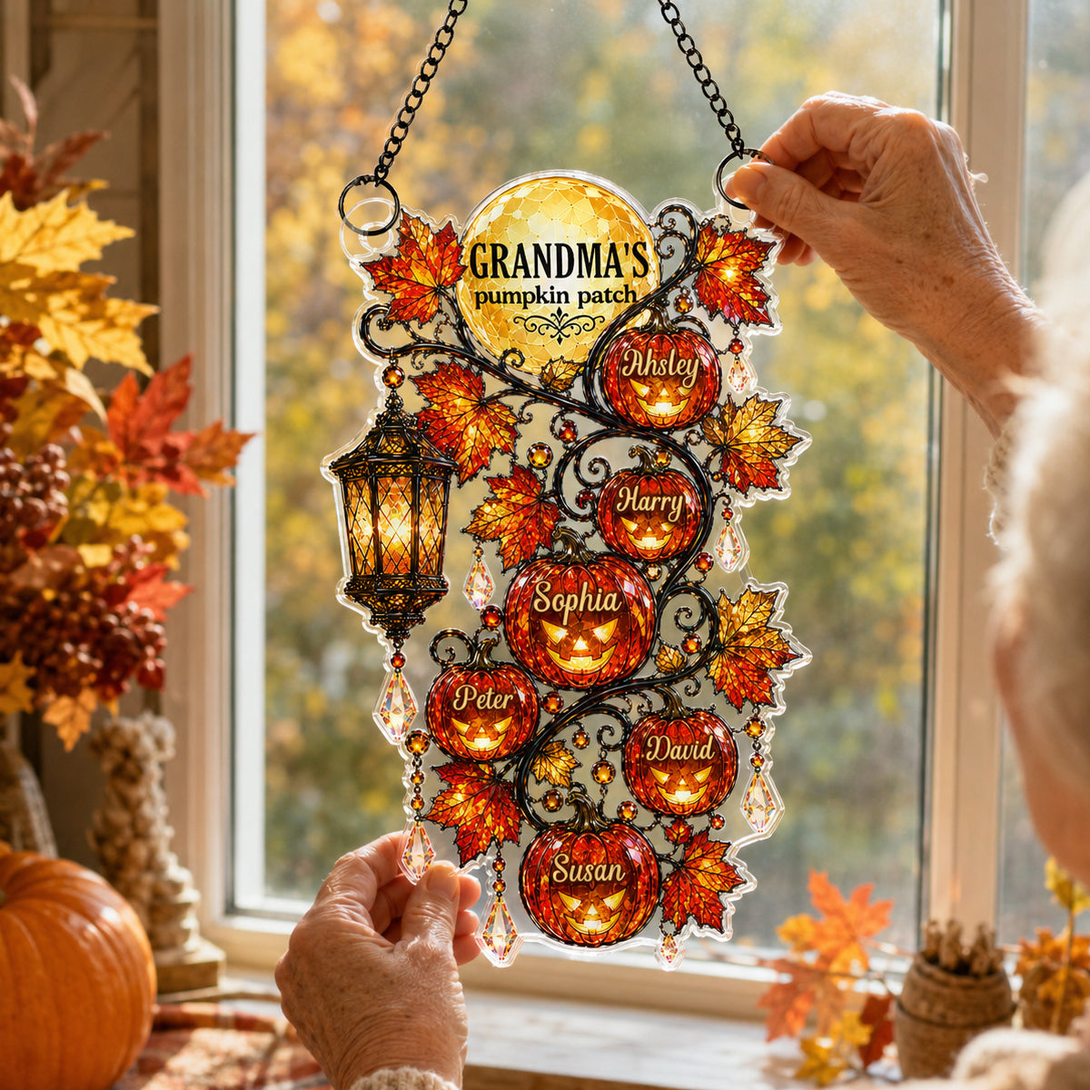 🎃Grandma's Pumpkin Patch - Personalized Acrylic Suncatcher - Halloween Fall Decor for Grandma
