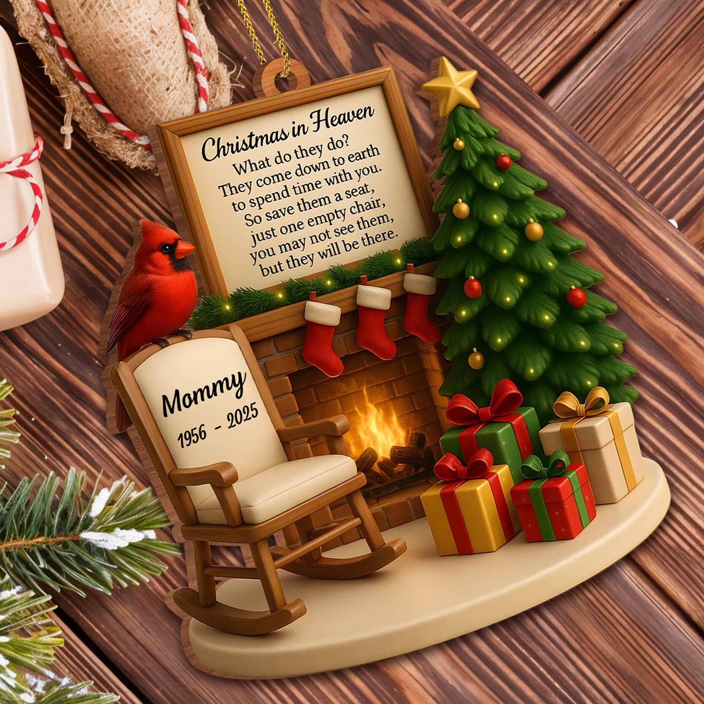 🌲Christmas In Heaven Memorial Rocking Chair And Christmas Tree - Personalized Custom Wood Ornament, Custom Shaped - HME352_WDO