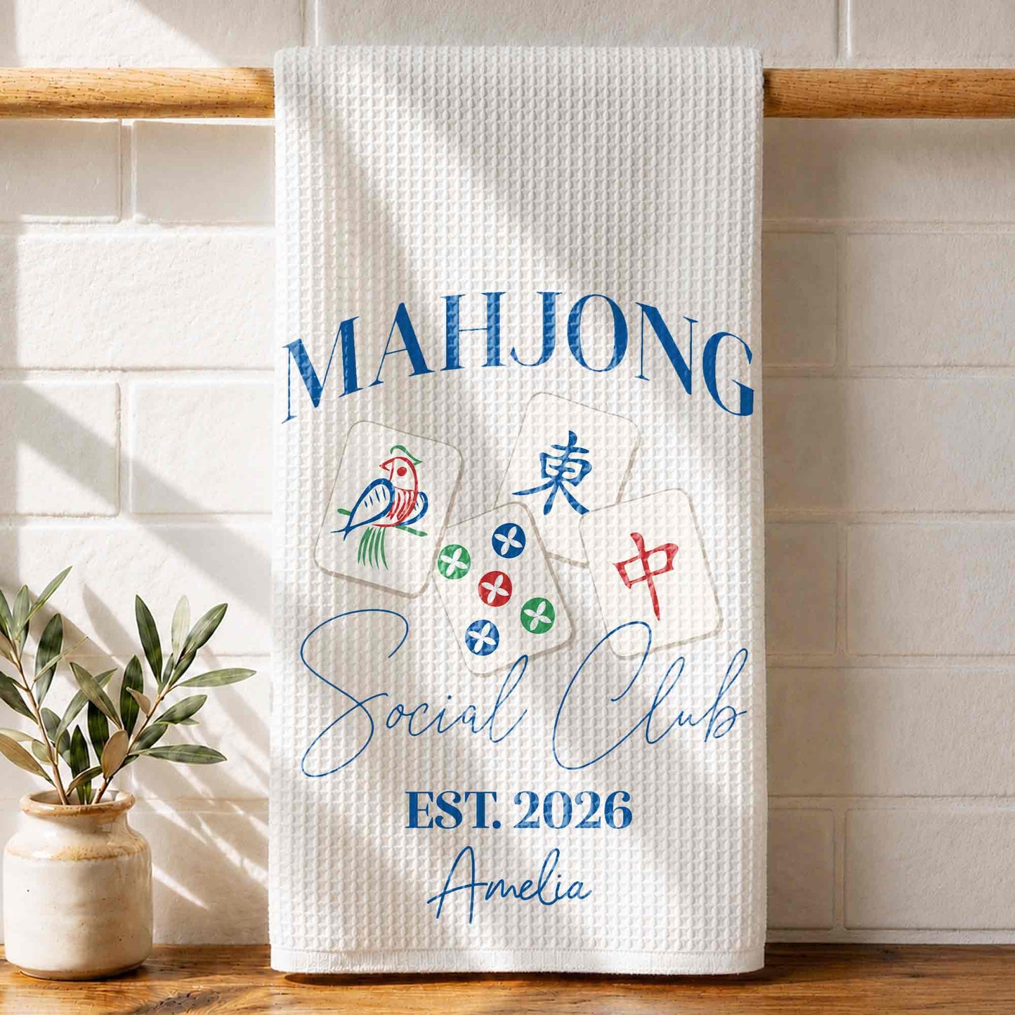 💦Mahjong Social Club Est With Custom Mahjong Tiles Illustration - Personalized Kitchen Towel - HOB268_TOWL