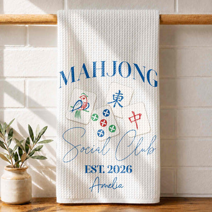 💦Mahjong Social Club Est With Custom Mahjong Tiles Illustration - Personalized Kitchen Towel - HOB268_TOWL