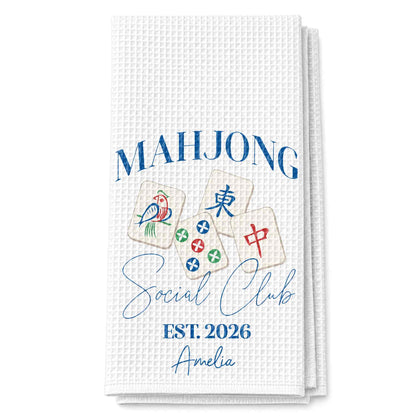 💦Mahjong Social Club Est With Custom Mahjong Tiles Illustration - Personalized Kitchen Towel - HOB268_TOWL