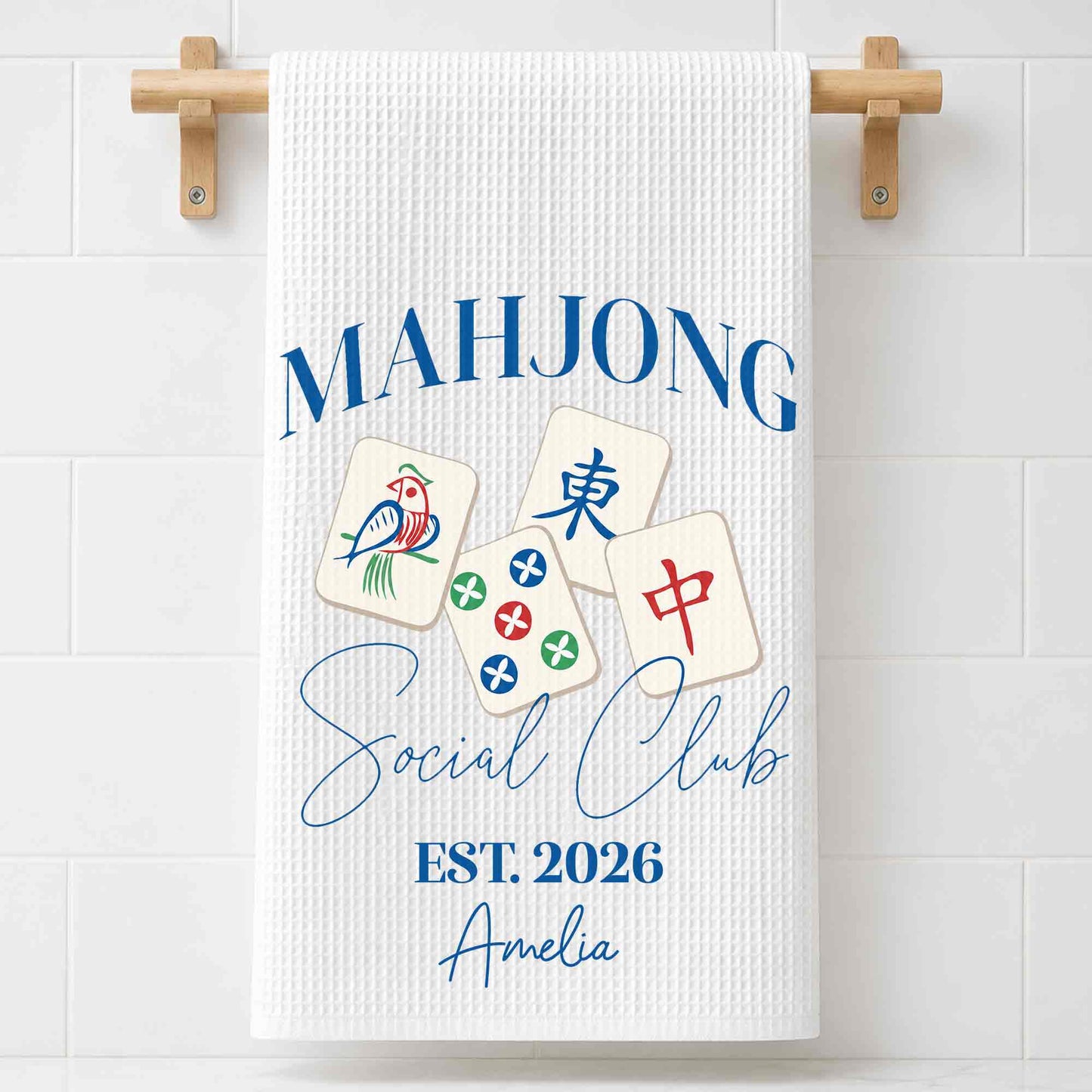 💦Mahjong Social Club Est With Custom Mahjong Tiles Illustration - Personalized Kitchen Towel - HOB268_TOWL