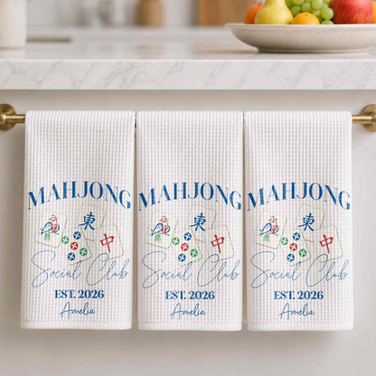💦Mahjong Social Club Est With Custom Mahjong Tiles Illustration - Personalized Kitchen Towel - HOB268_TOWL