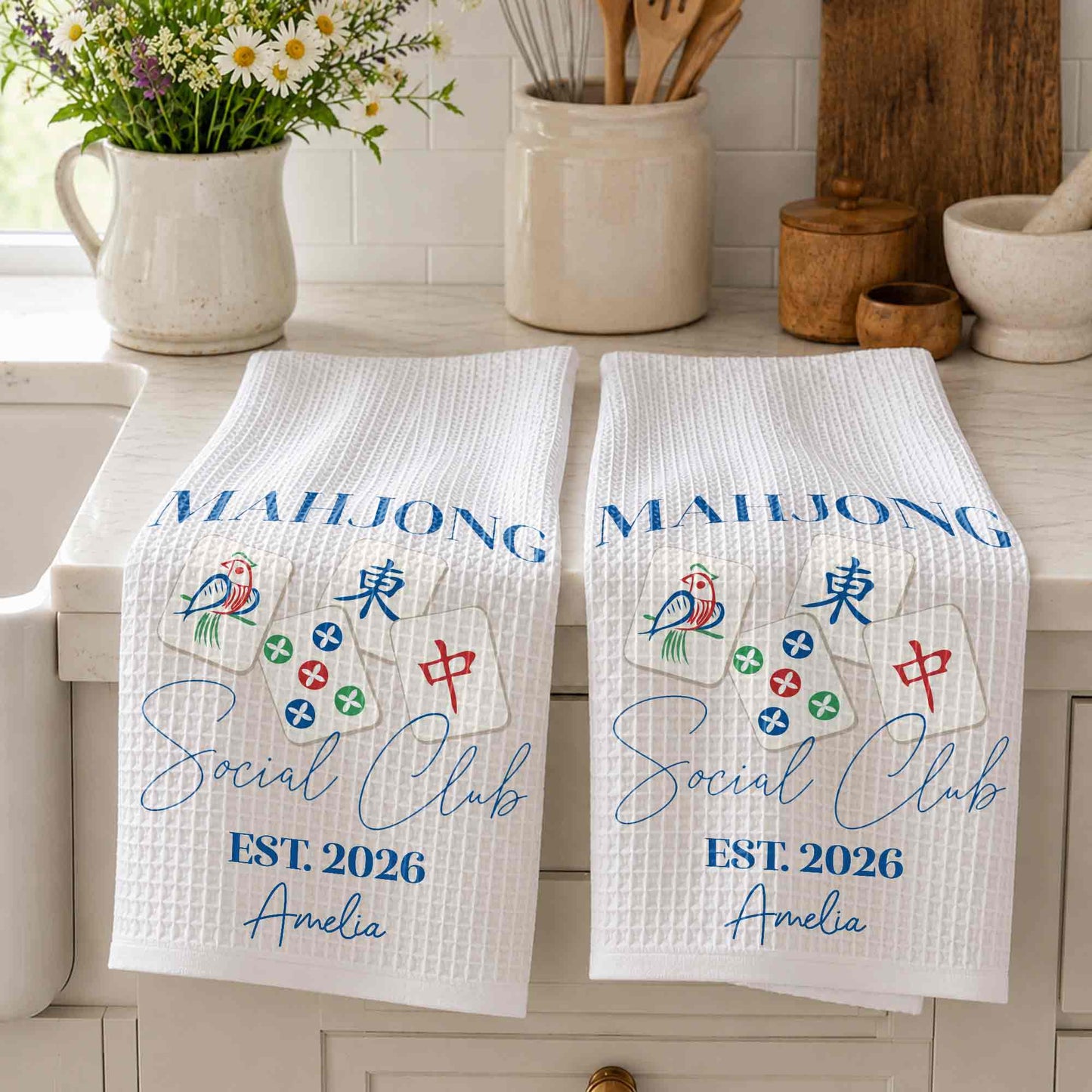 💦Mahjong Social Club Est With Custom Mahjong Tiles Illustration - Personalized Kitchen Towel - HOB268_TOWL