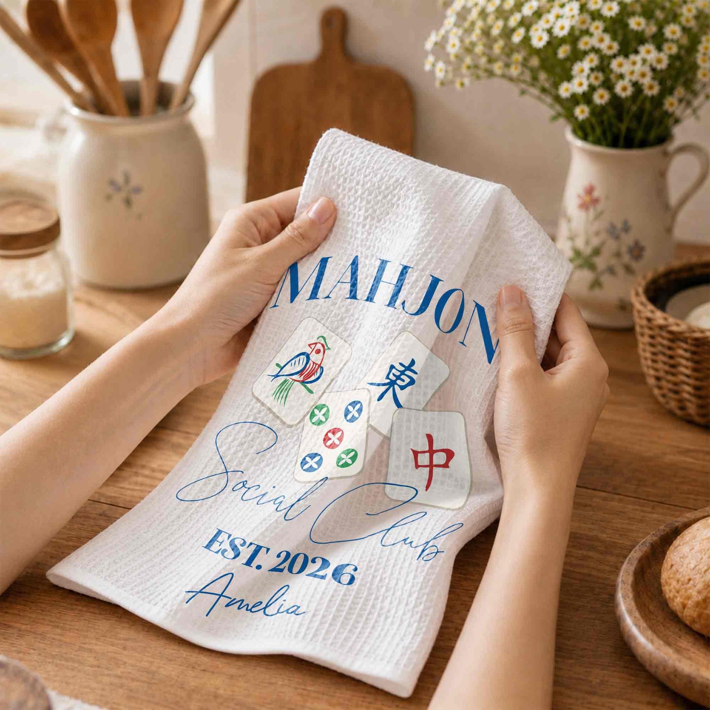 💦Mahjong Social Club Est With Custom Mahjong Tiles Illustration - Personalized Kitchen Towel - HOB268_TOWL
