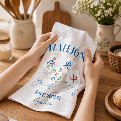 💦Mahjong Social Club Est With Custom Mahjong Tiles Illustration - Personalized Kitchen Towel - HOB268_TOWL