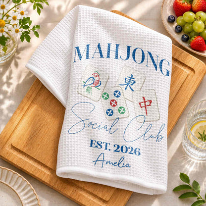💦Mahjong Social Club Est With Custom Mahjong Tiles Illustration - Personalized Kitchen Towel - HOB268_TOWL