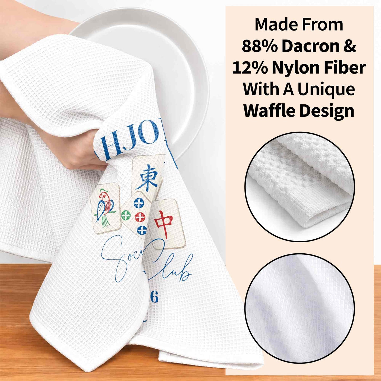 💦Mahjong Social Club Est With Custom Mahjong Tiles Illustration - Personalized Kitchen Towel - HOB268_TOWL