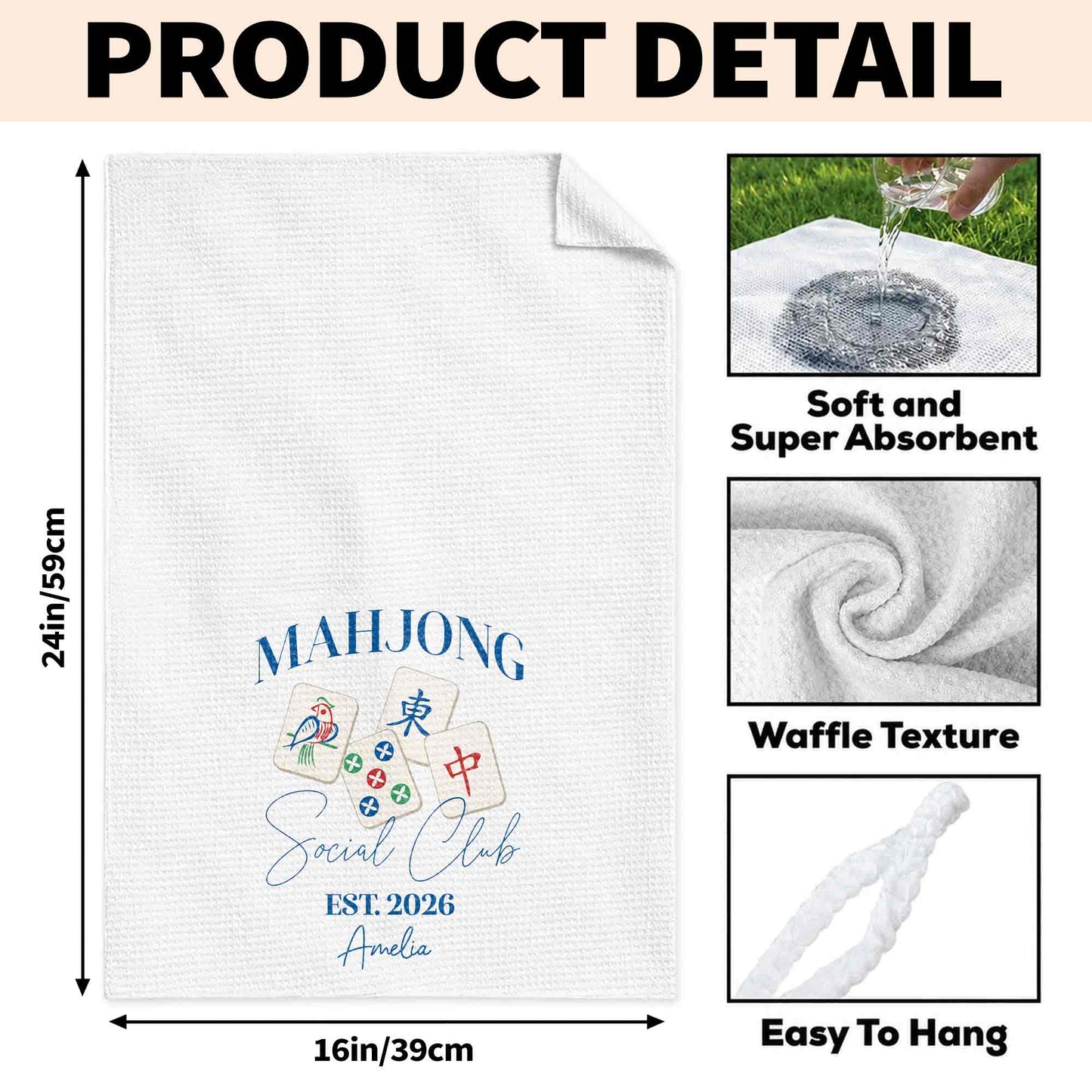 💦Mahjong Social Club Est With Custom Mahjong Tiles Illustration - Personalized Kitchen Towel - HOB268_TOWL