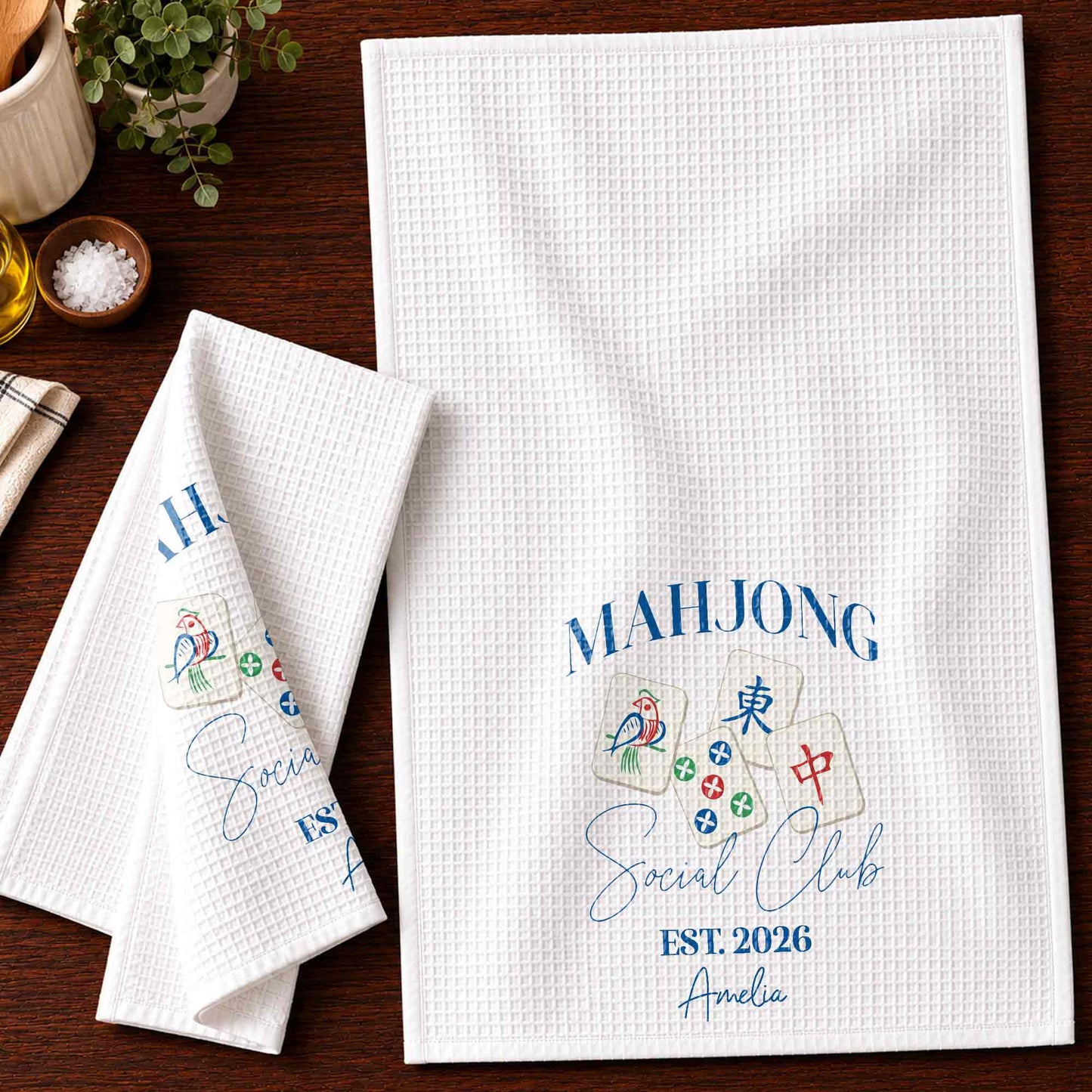 💦Mahjong Social Club Est With Custom Mahjong Tiles Illustration - Personalized Kitchen Towel - HOB268_TOWL