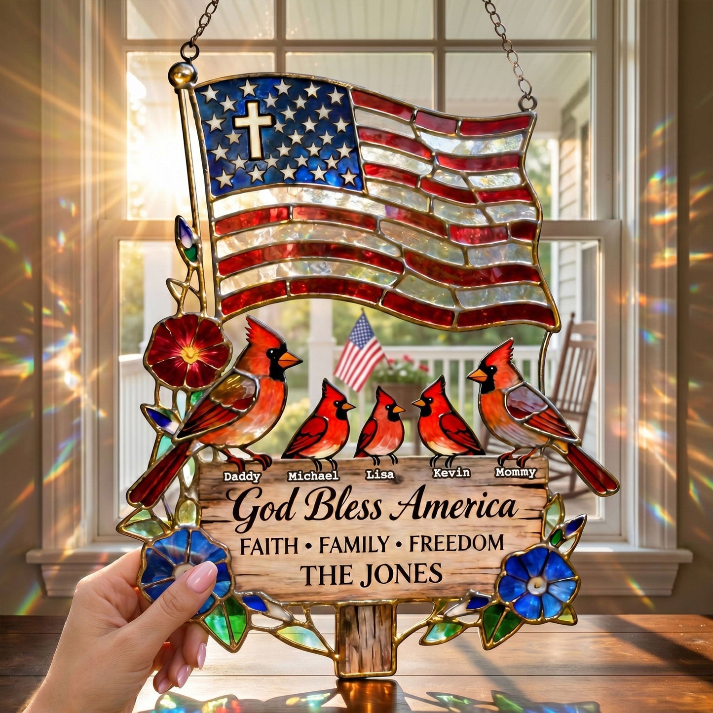 ❤️❤️Peaceful American Cardinal Family Under God Suncatcher, Personalized Gifts For Family