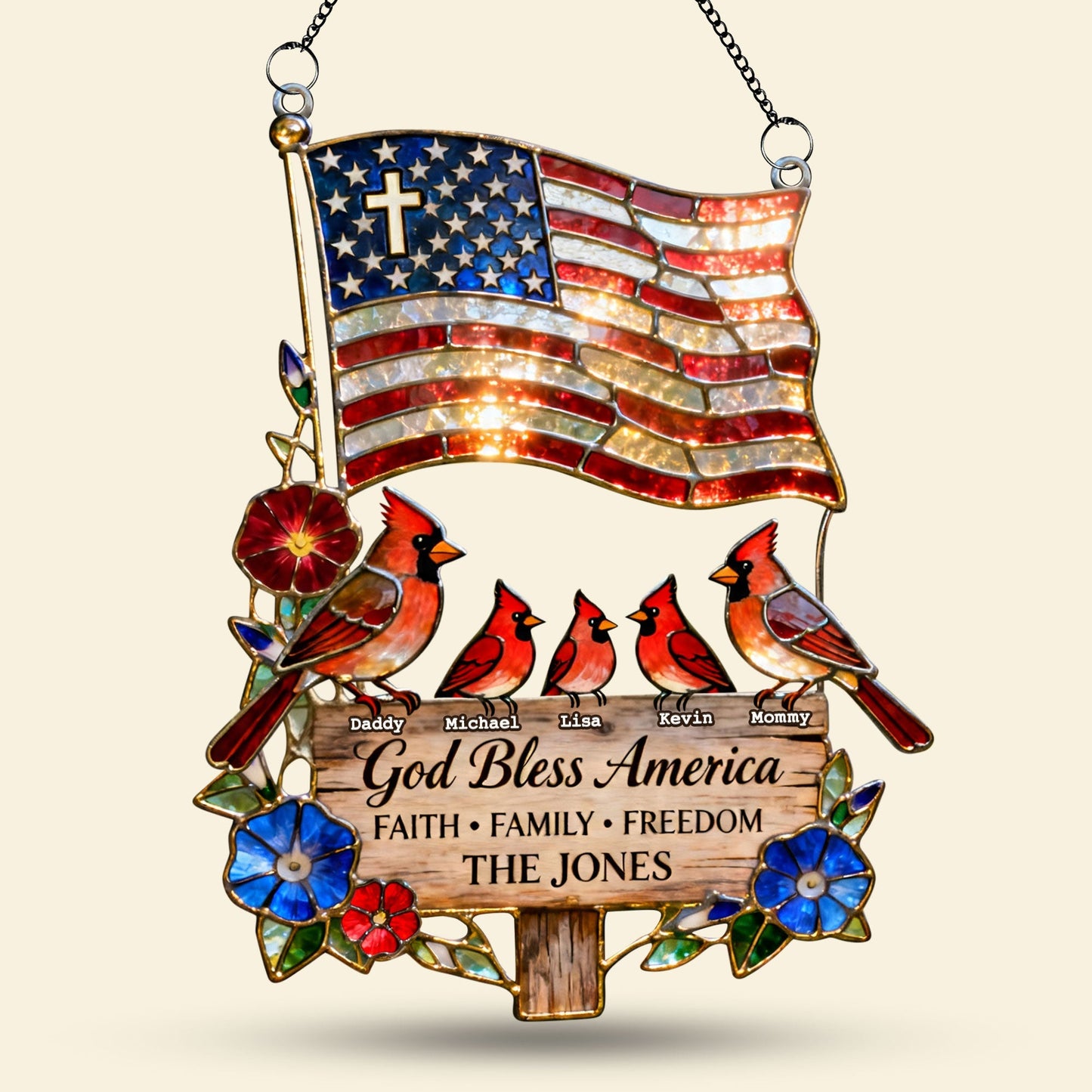 ❤️❤️Peaceful American Cardinal Family Under God Suncatcher, Personalized Gifts For Family