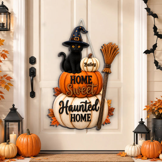 🐱🎃Home Sweet Haunted Home Cat - Personalized Wood Sign - Halloween Decor Gift, Gift For Cat Lovers