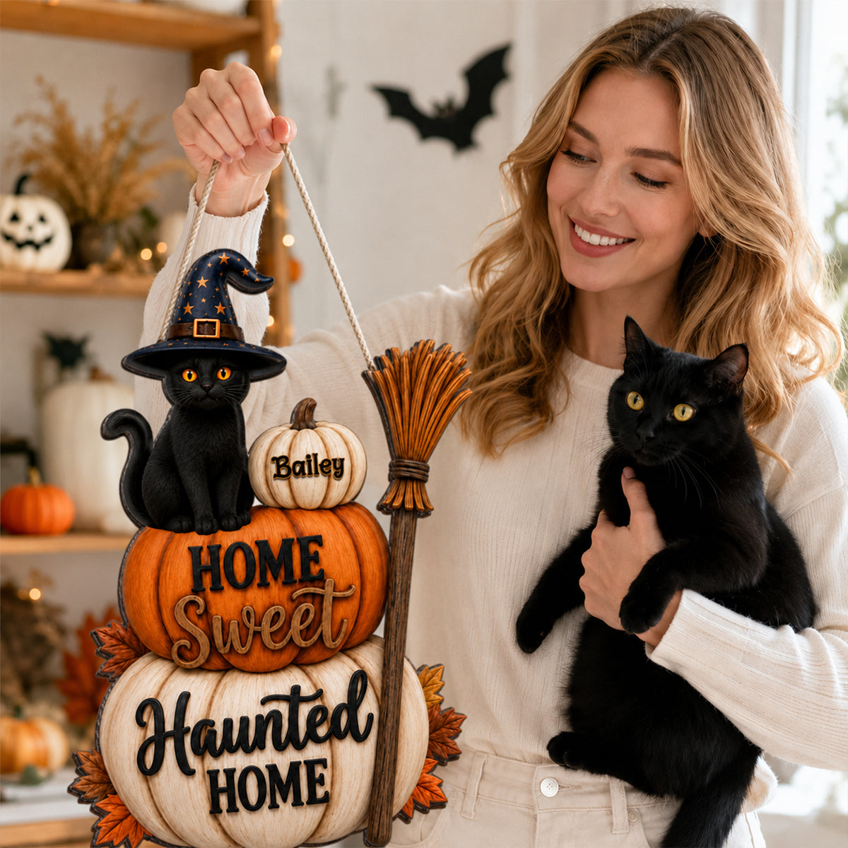 🐱🎃Home Sweet Haunted Home Cat - Personalized Wood Sign - Halloween Decor Gift, Gift For Cat Lovers