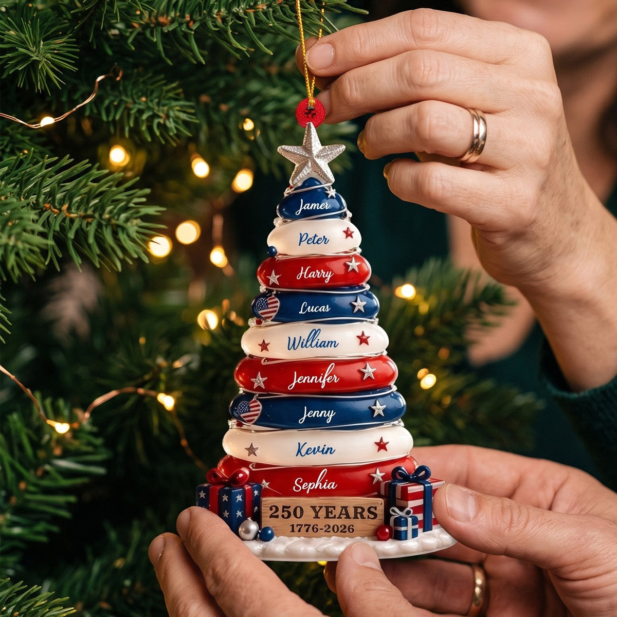 🎄🎄Blue, White & Red Stone Christmas Tree Ornament - Family Personalized Gift For USA 250th Anniversary
