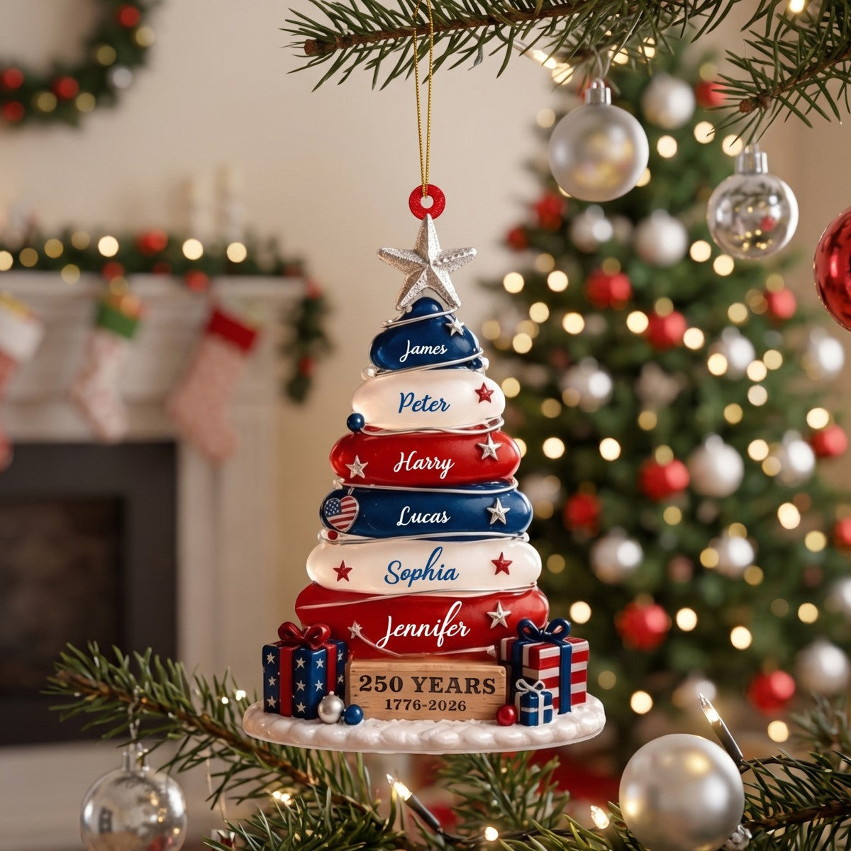 🎄🎄Blue, White & Red Stone Christmas Tree Ornament - Family Personalized Gift For USA 250th Anniversary