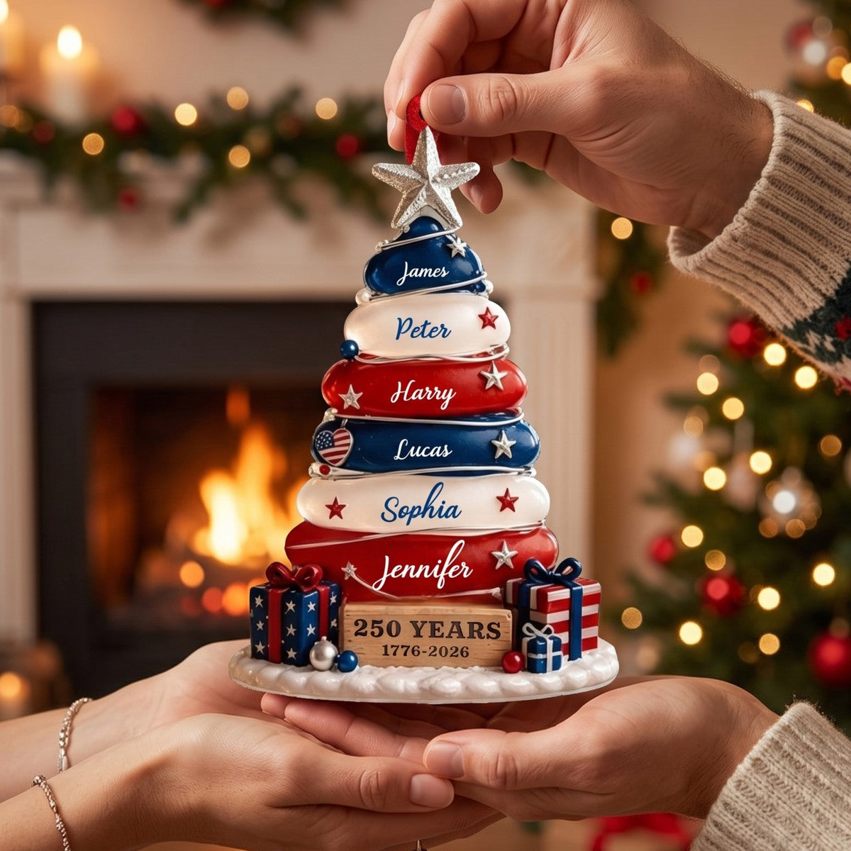 🎄🎄Blue, White & Red Stone Christmas Tree Ornament - Family Personalized Gift For USA 250th Anniversary