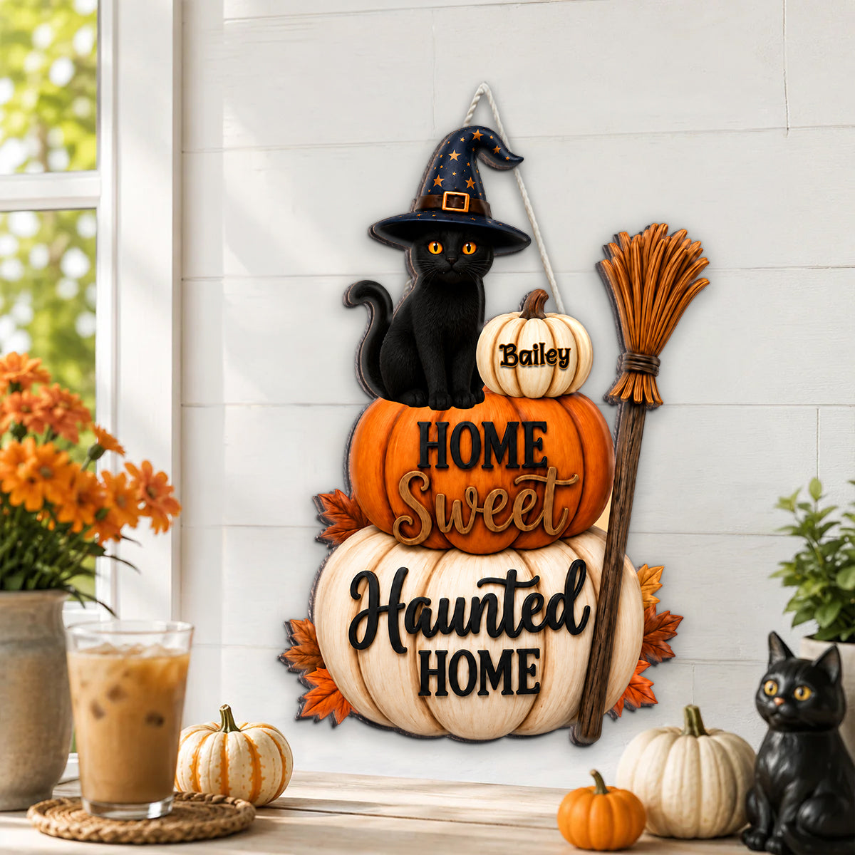 🐱🎃Home Sweet Haunted Home Cat - Personalized Wood Sign - Halloween Decor Gift, Gift For Cat Lovers