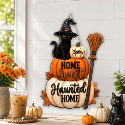 🐱🎃Home Sweet Haunted Home Cat - Personalized Wood Sign - Halloween Decor Gift, Gift For Cat Lovers