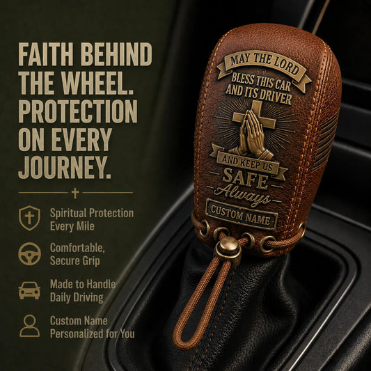🙏🙏 The "Traveler's Blessing" Custom Leather Gear Shift Cover | Faith Behind The Wheel ✨
