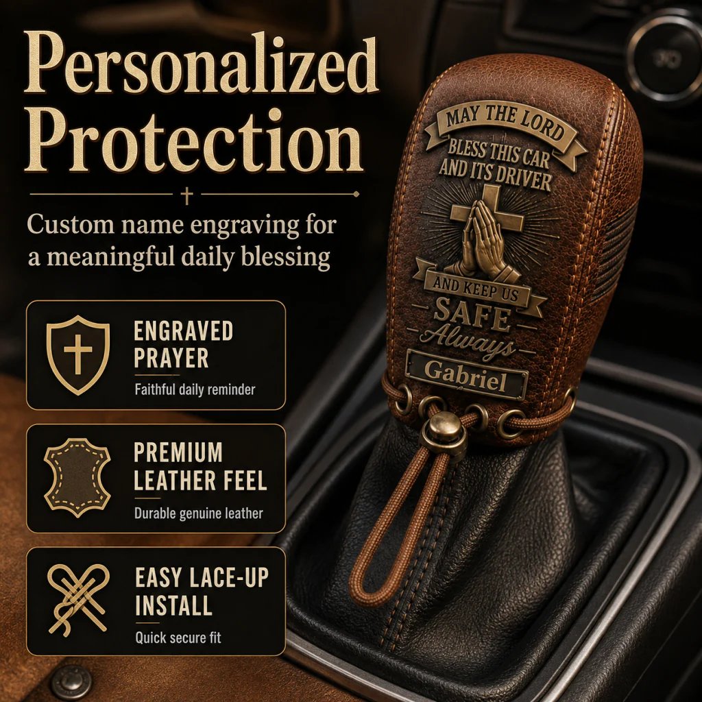 🙏🙏 The "Traveler's Blessing" Custom Leather Gear Shift Cover | Faith Behind The Wheel ✨