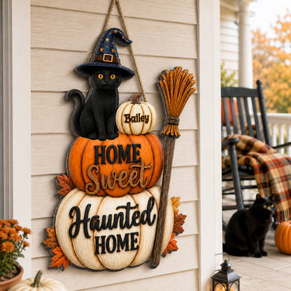 🐱🎃Home Sweet Haunted Home Cat - Personalized Wood Sign - Halloween Decor Gift, Gift For Cat Lovers