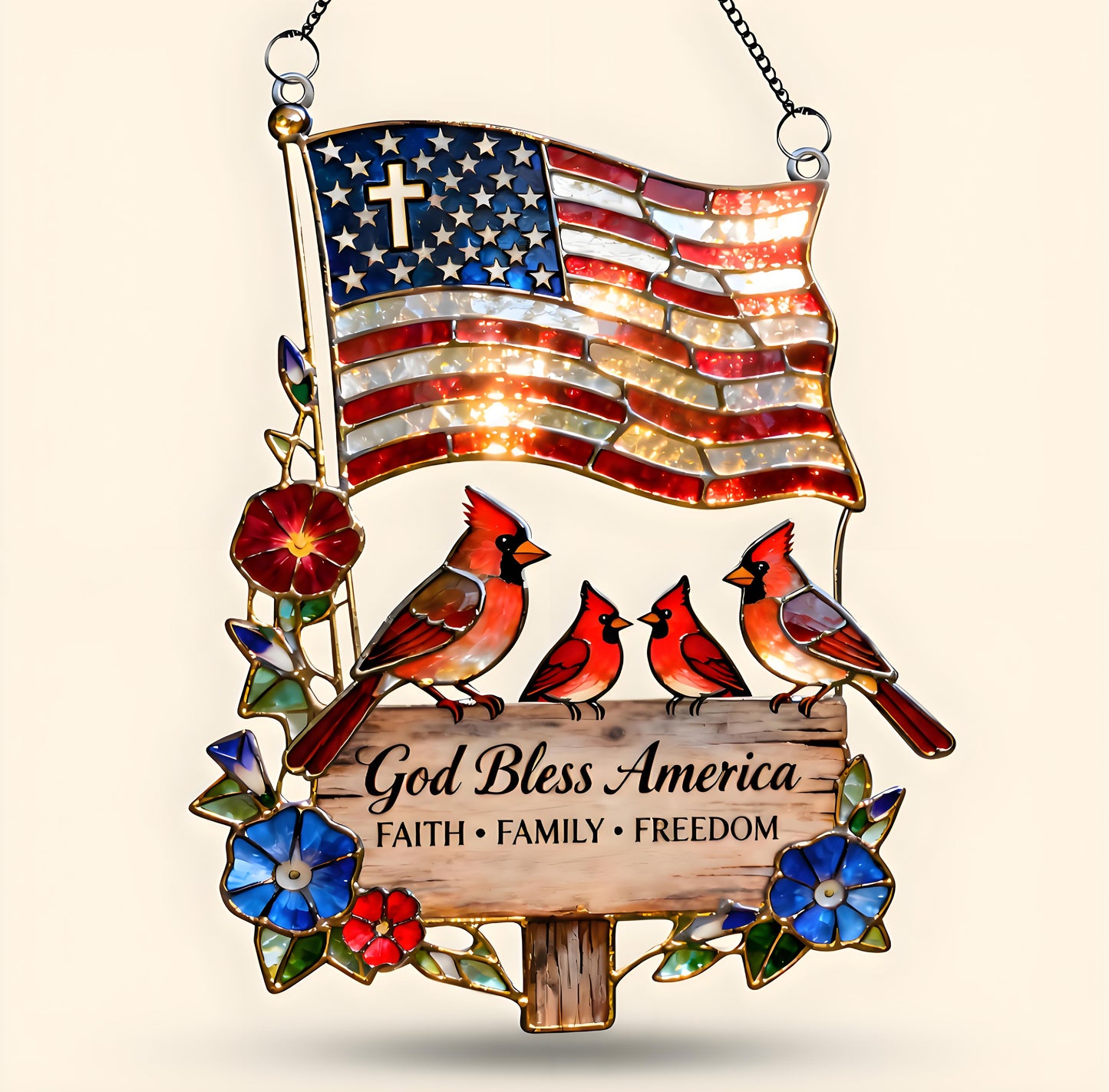 ❤️❤️Peaceful American Cardinal Family Under God Suncatcher, Personalized Gifts For Family