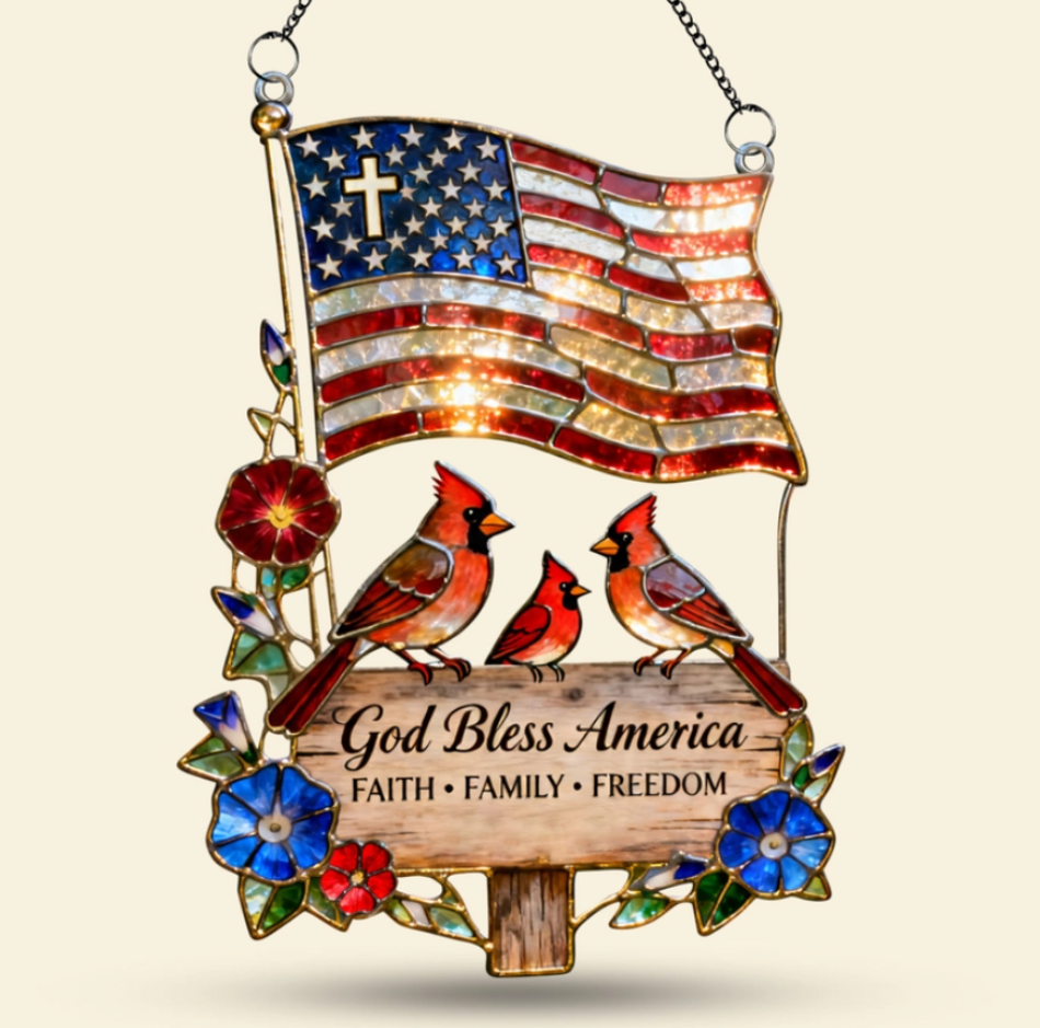 ❤️❤️Peaceful American Cardinal Family Under God Suncatcher, Personalized Gifts For Family