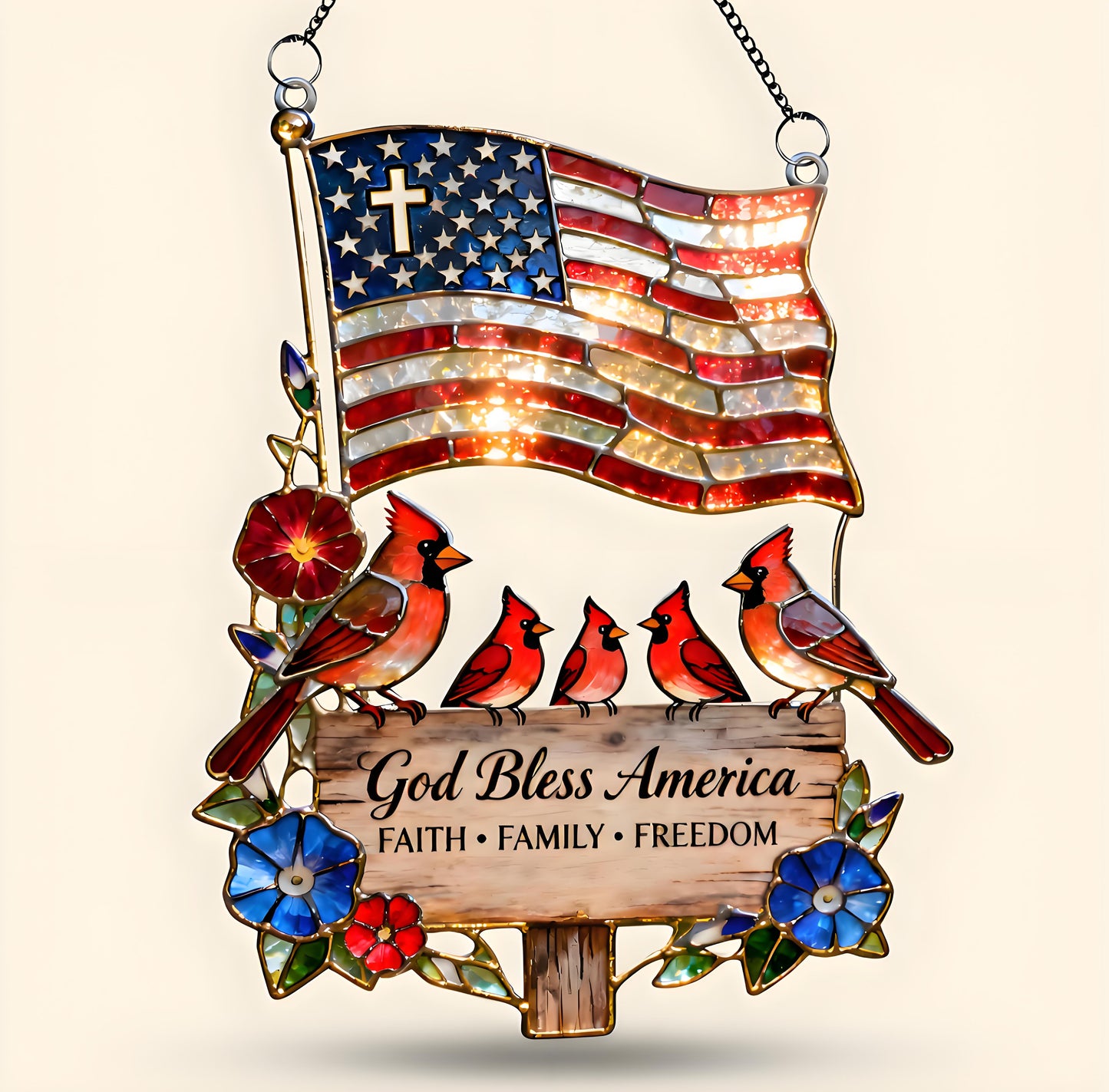 ❤️❤️Peaceful American Cardinal Family Under God Suncatcher, Personalized Gifts For Family