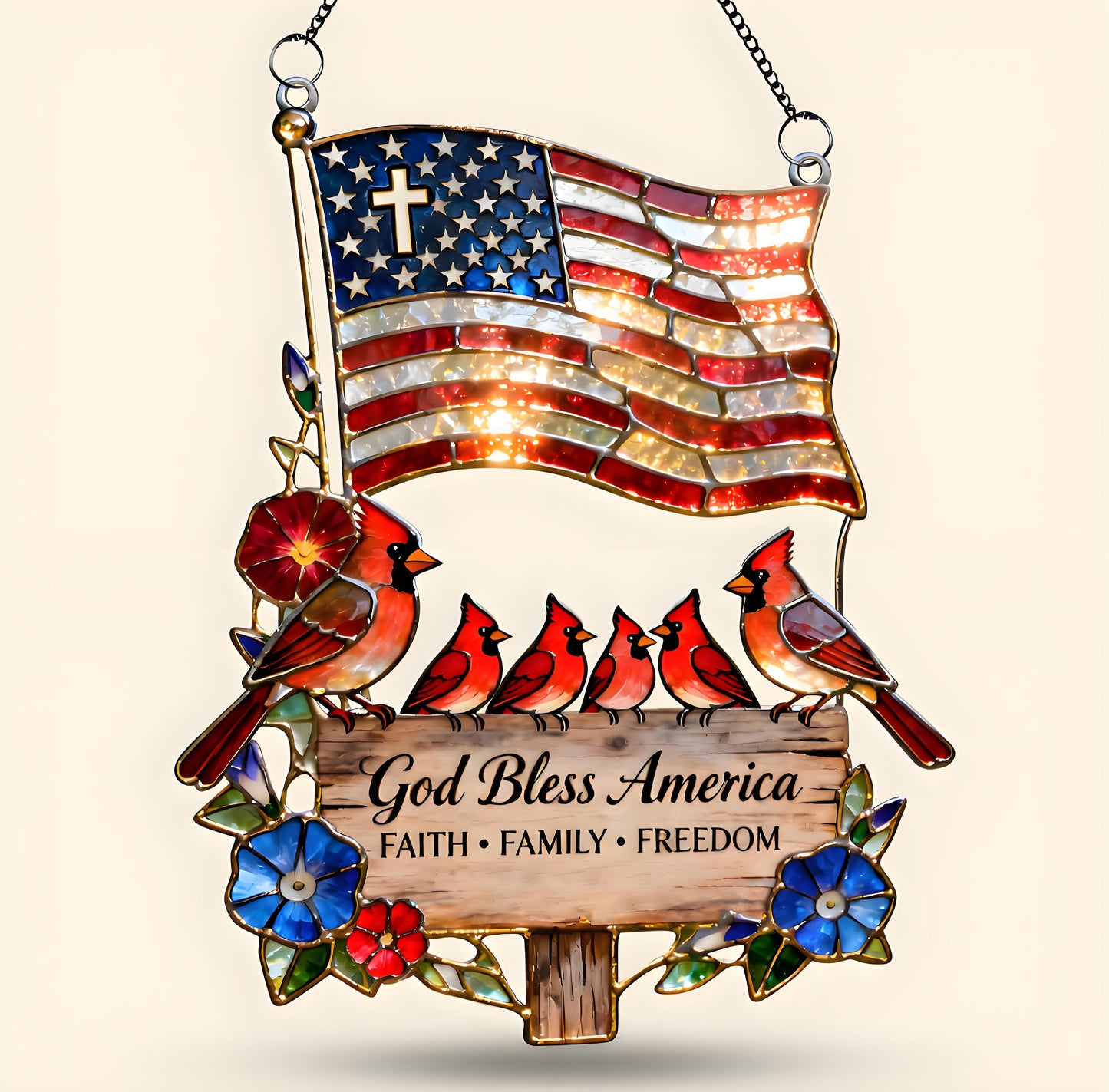 ❤️❤️Peaceful American Cardinal Family Under God Suncatcher, Personalized Gifts For Family