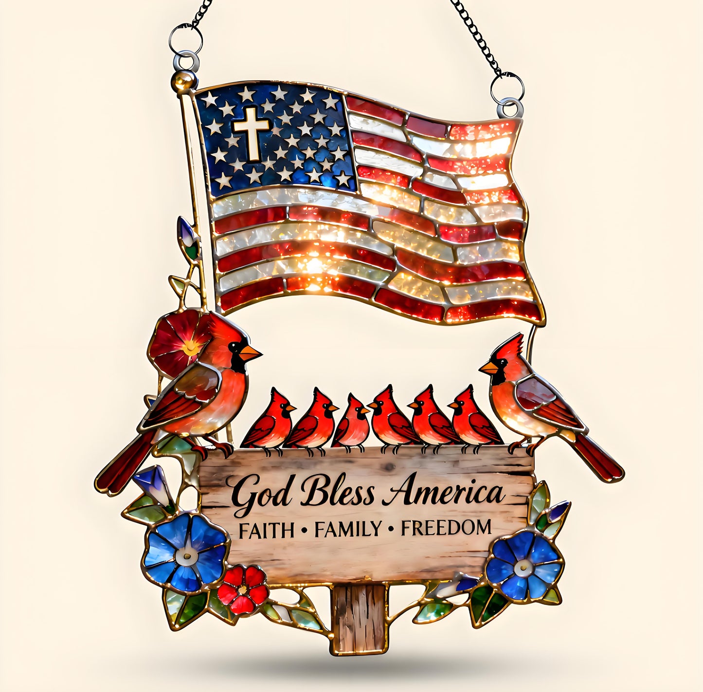 ❤️❤️Peaceful American Cardinal Family Under God Suncatcher, Personalized Gifts For Family