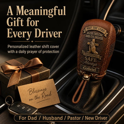 🙏🙏 The "Traveler's Blessing" Custom Leather Gear Shift Cover | Faith Behind The Wheel ✨