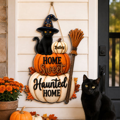 🐱🎃Home Sweet Haunted Home Cat - Personalized Wood Sign - Halloween Decor Gift, Gift For Cat Lovers
