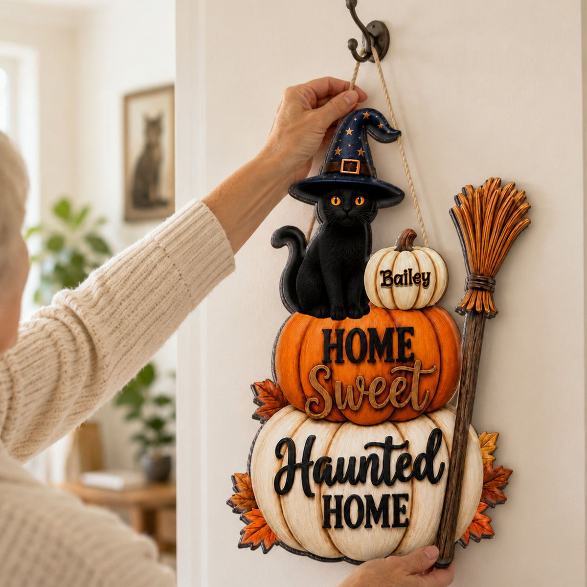 🐱🎃Home Sweet Haunted Home Cat - Personalized Wood Sign - Halloween Decor Gift, Gift For Cat Lovers